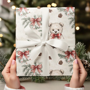 Papier Cadeau Ours vintage Neutre avec Bow rouge doux