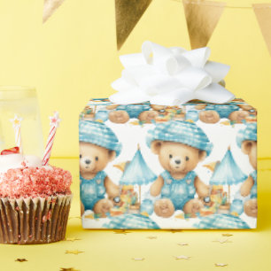 Papier cadeau Ourson Bleu pour Bébé et Tout-Petit