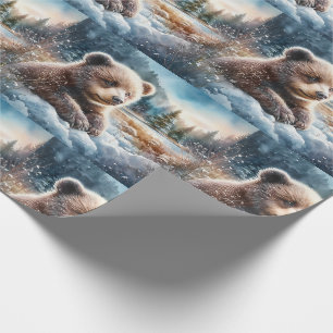 Papier Cadeau Ourson Brun dans la Neige Hivernale et les Pins