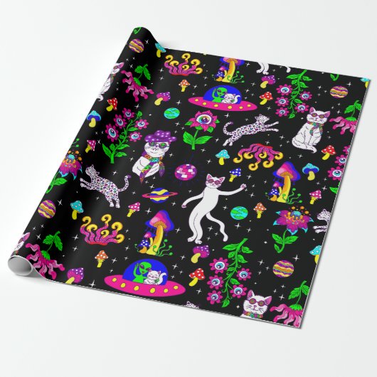 Papier Cadeau outer space disco cat alien ufo leopard surreal (Déroulé)