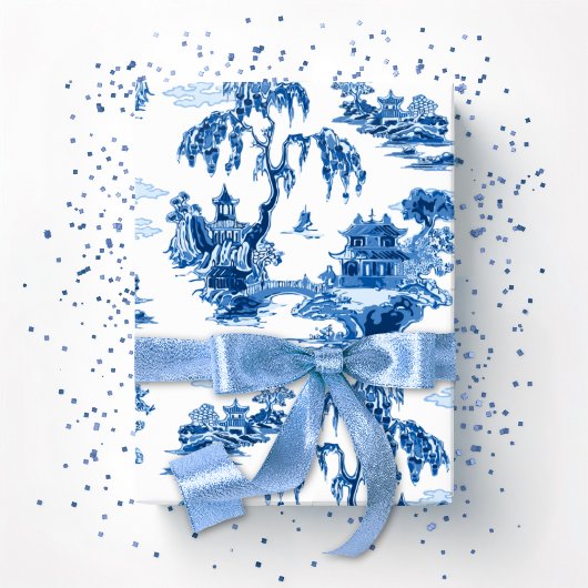 Papier Cadeau Pagoda Garden in Blue Porcelain