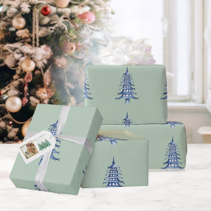 Papier Cadeau Pagode Bleue Sage Arbre de Noël Motif Enveloppemen