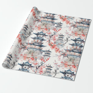 Papier Cadeau Pagode chinoise aquarelle aux fleurs de cerisiers