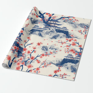 Papier Cadeau Pagode Japonaise Fleur de Cerisier Crème Bleue