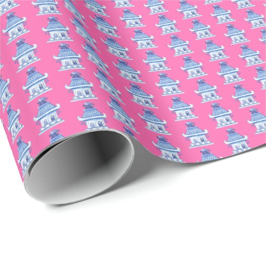 Papier Cadeau Pagodes de chinoiserie (sur fond rose) (Coin rond)