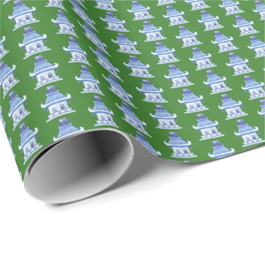 Papier Cadeau Pagodes en Chinoiserie (sur fond vert) (Coin rond)