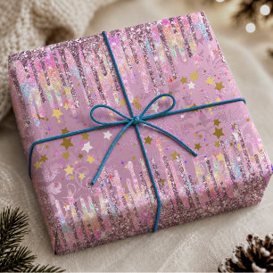 Papier Cadeau Pailleté de licorne goutte à goutte damassé rose c