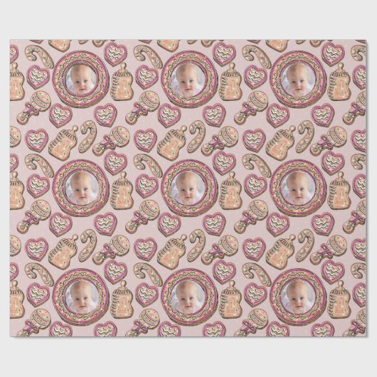 Papier Cadeau Pain d'épice rose de Noël Cookies Bébé Photo (Plat)