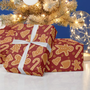 Papier Cadeau Pain d'épices Cookies de Noël Rouge foncé sans fil