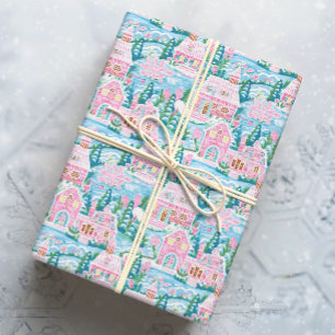 Papier Cadeau Pain d'épices de Noël rose et bleu neige Ville