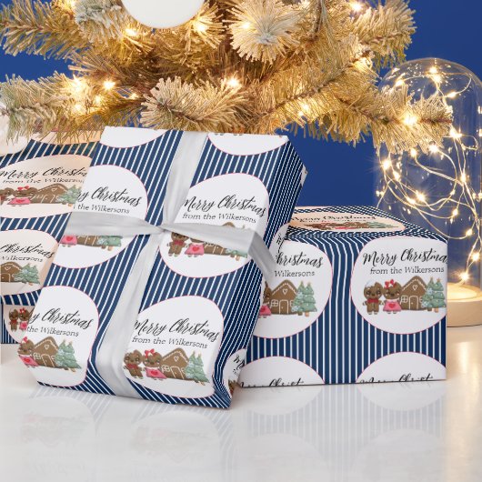 Papier Cadeau Pain d'épices gens Joyeux Noël Bleu rayé (Vacances)