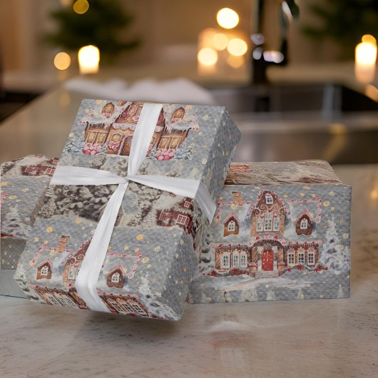 Papier Cadeau Pain d'épices Maisons Noël Acier de neige gris