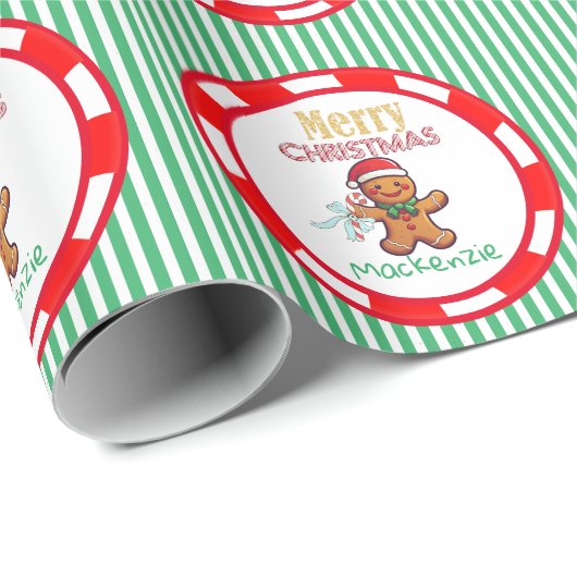 Papier Cadeau Pain d'épices mignon Noël Nom personnalisé Vert (Coin rond)