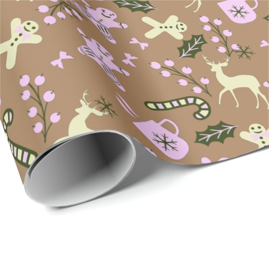 Papier Cadeau Pain d'épices rétro Deer Candycane Traite Noël (Coin rond)