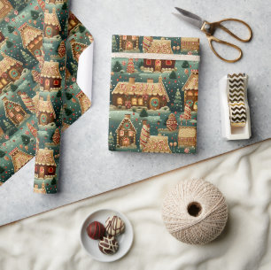 Papier Cadeau Pain d'épices vintage maisons Noël arbres bonbons