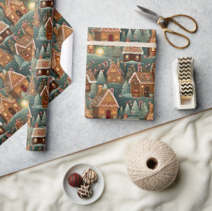 Papier Cadeau Pain d'épices vintage maisons Noël arbres bonbons