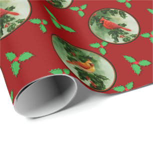 Papier Cadeau Paire de cardinaux rouges et feuilles de houx