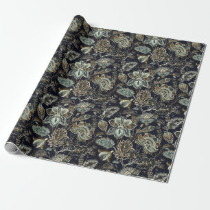 Papier Cadeau Paisley antique fleurit le motif noir d'arrière -