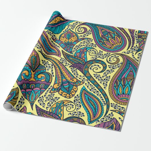 Papier Cadeau Paisley ethnique coloré motif sur jaune (Déroulé)