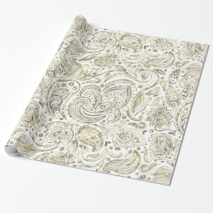 Papier Cadeau Paisley florale blanche et or