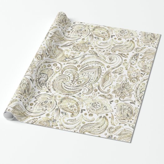 Papier Cadeau Paisley florale blanche et or (Déroulé)