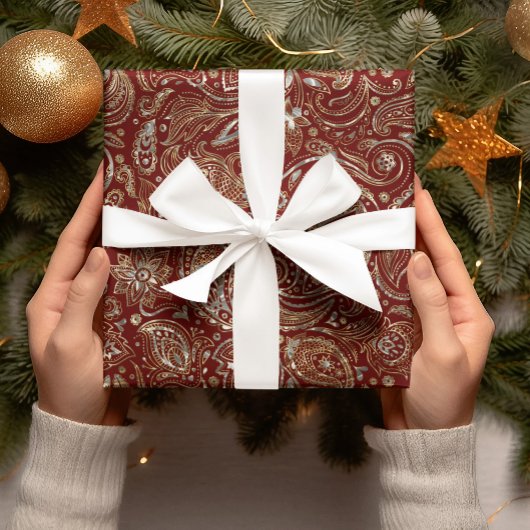 Papier Cadeau Paisley florale rouge foncé et or
