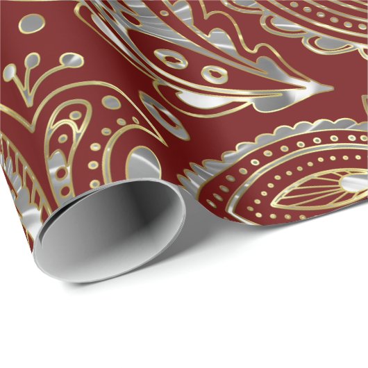 Papier Cadeau Paisley florale rouge foncé et or (Coin rond)