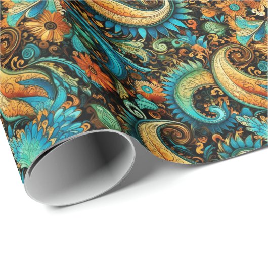 Papier Cadeau Paisley Golden Flower Motif Abstrait 7 (Coin rond)