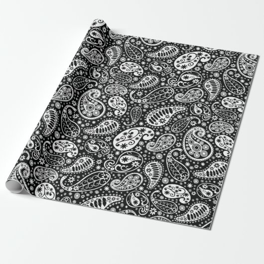 Papier Cadeau Paisley noir et blanc floral (Déroulé)
