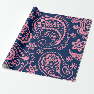 Papier Cadeau Paisley Vintage rose sur Arrière - plan bleu