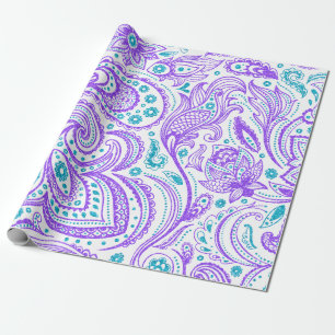 Papier Cadeau Paisley violet et turquoise motif sur blanc