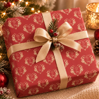 Papier Cadeau Paix Amour Joie Rouge Or Floral Noël