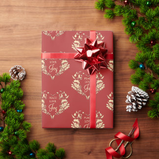 Papier Cadeau Paix Amour Joie Rouge Or Floral Noël