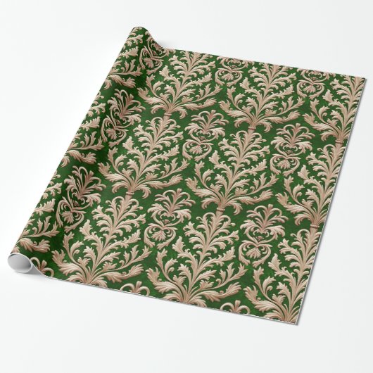 Papier Cadeau Pale Or Floral Damas Velvet vert chaud (Déroulé)