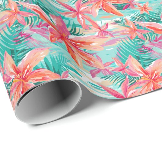 Papier Cadeau Palm Beach Fleurs de plage tropicales (Coin rond)