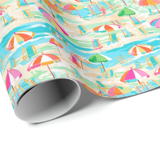 Papier Cadeau Palm Beach Tropical Sandy Beach Parasols (Coin rond)