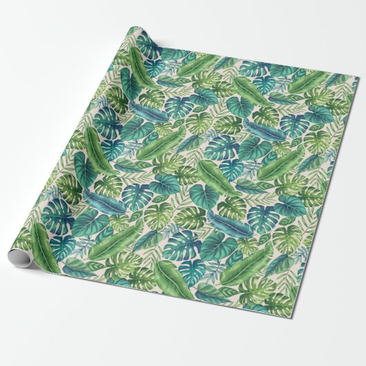 Papier Cadeau Palm vert et Turquoise Tropical Banana Monstera Fe (Déroulé)