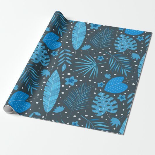 Papier Cadeau Palme tropicale bleu et turquoise Feuille Monstera (Déroulé)