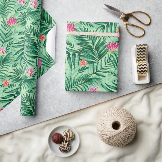 Papier Cadeau Palme tropicale & Monstera Feuilles & Fleurs exoti (Artisanat)