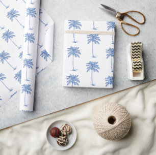 Papier Cadeau Palmier bleu et blanc Palmetto