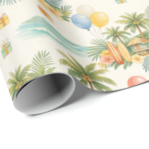 Papier Cadeau Palmiers Anniversaire Estival Planches de Surf Vin