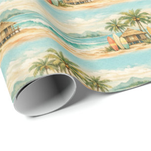 Papier Cadeau Palmiers Tropicaux d'Été Planches de Surf Vintage