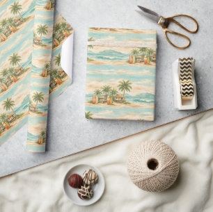 Papier Cadeau Palmiers Tropicaux d'Été Planches de Surf Vintage