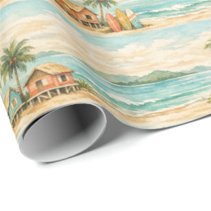 Papier Cadeau Palmiers Tropicaux d'Été Planches de Surf Vintage