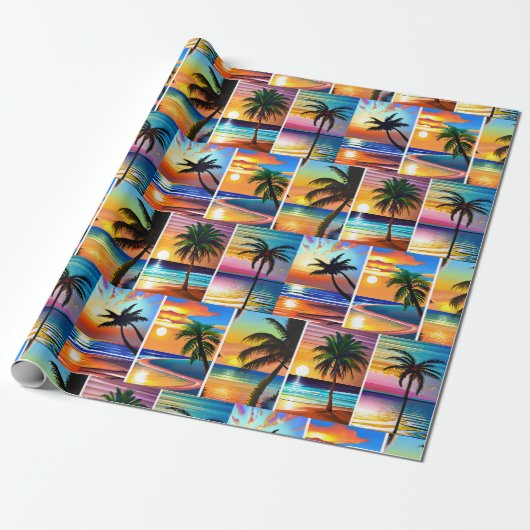 Papier Cadeau Palmiers tropicaux et couchers de soleil (Déroulé)