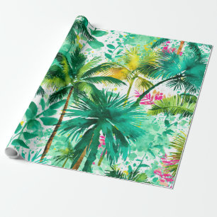 Papier Cadeau Palmiers Tropicaux Rose Vert Bleu Côtiers