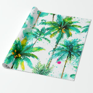 Papier Cadeau Palmiers Tropicaux Rose Vert Bleu Côtiers