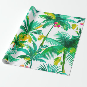 Papier Cadeau Palmiers Tropicaux Rose Vert Bleu Côtiers