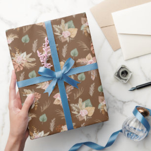 Papier Cadeau Pampas Grass & Fleurs sur Café Brown