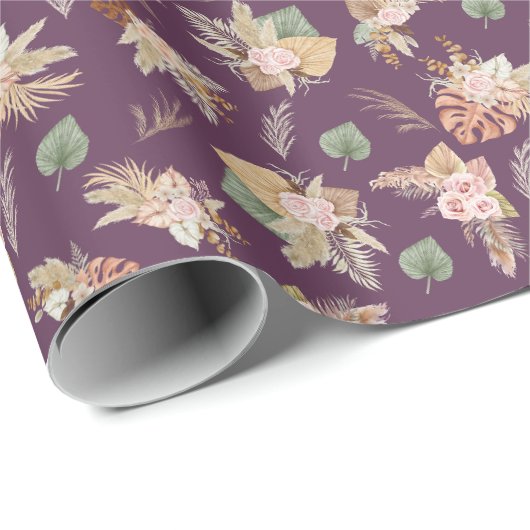 Papier Cadeau Pampas Grass & Fleurs sur Mulberry (Coin rond)